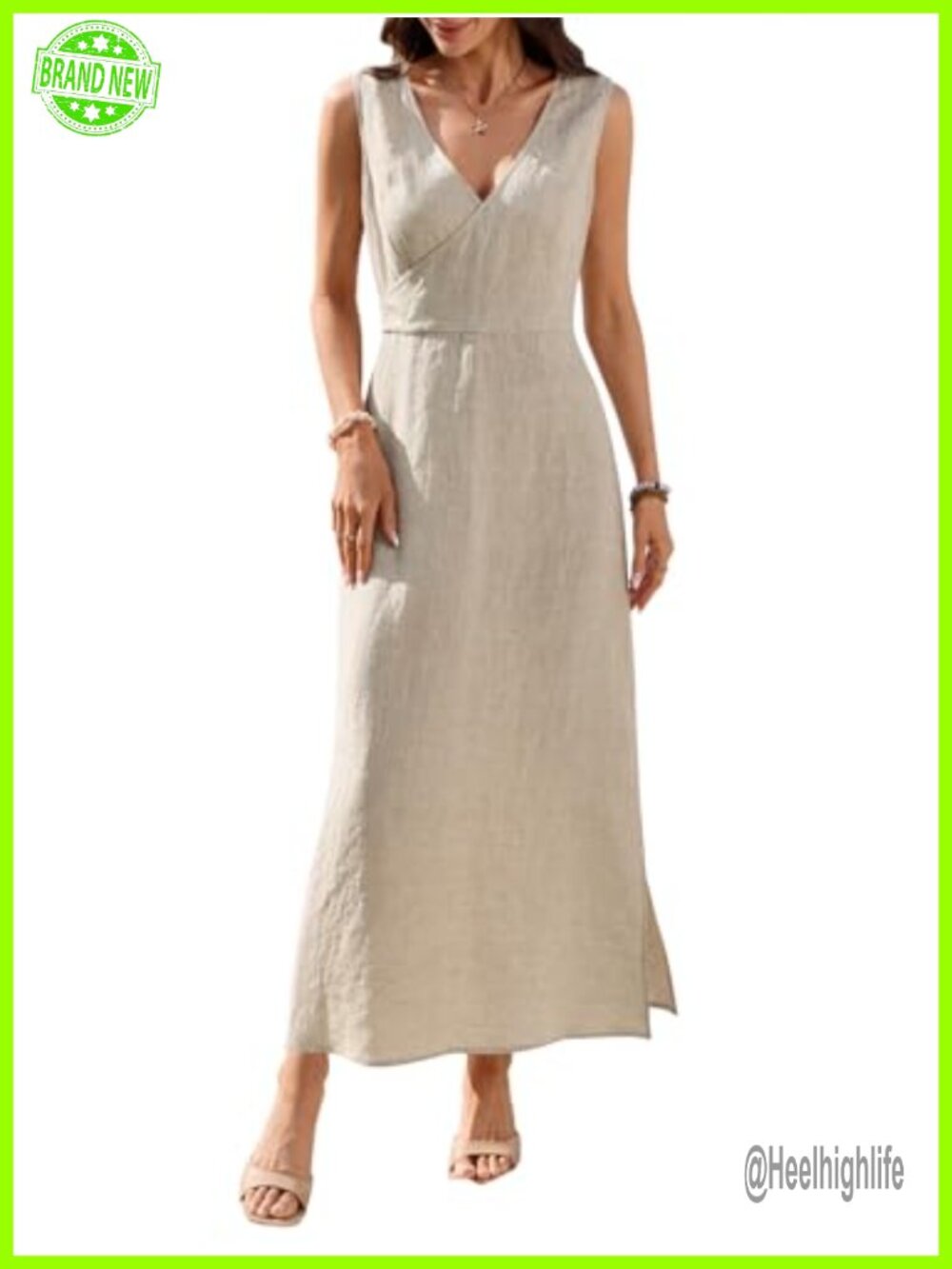 100% Linen Maxi Dress Wrap V Neck Sleeveless Split Summer